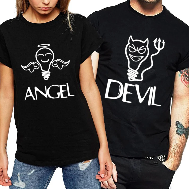 Модная пара Ангел футболка дьявол для мужчин и женщин повседневная с коротким