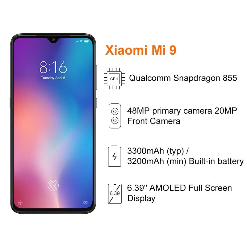 Мобильный телефон с глобальной ПЗУ Xiaomi mi 9 8 Гб 256 ГБ Snapdragon 855 6 39 дюйма 2340x1080 FHD 48 Мп +