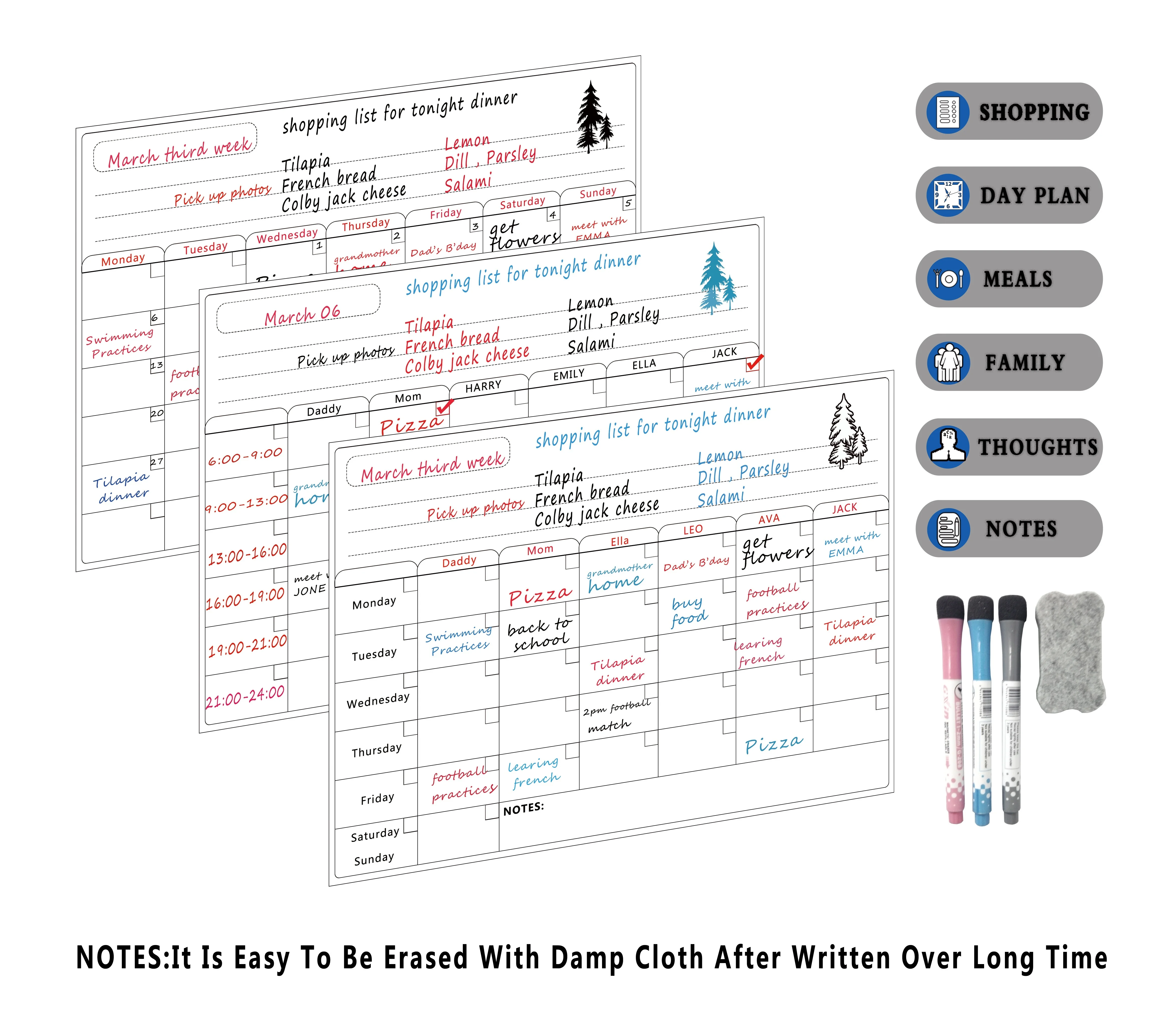 Календарь сухого стирания-A3 Магнитный ЕЖЕНЕДЕЛЬНЫЙ КАЛЕНДАРЬ сухого стирания для холодильника-список продуктов и доска меню недели для холодильника
