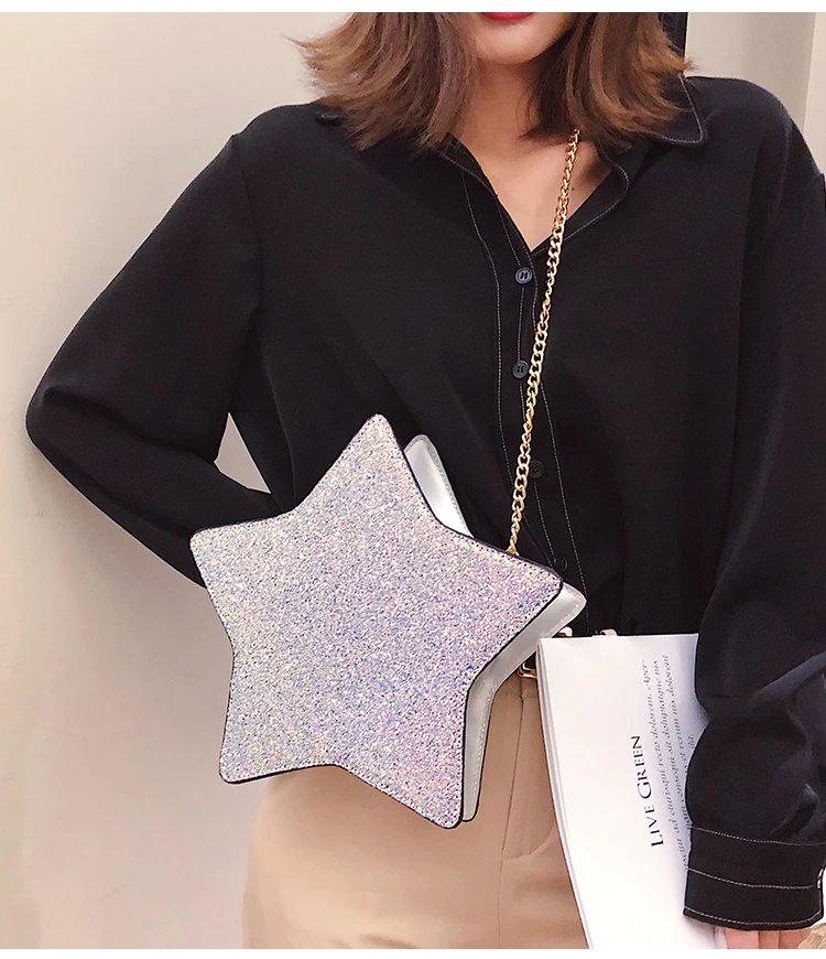 Sequins Stars Style Pu Leather Fashion Casual Ladies Chain Purse Shoulder Bag Tote Crossbody Mini Bag Female Bolsa Handbag Flap