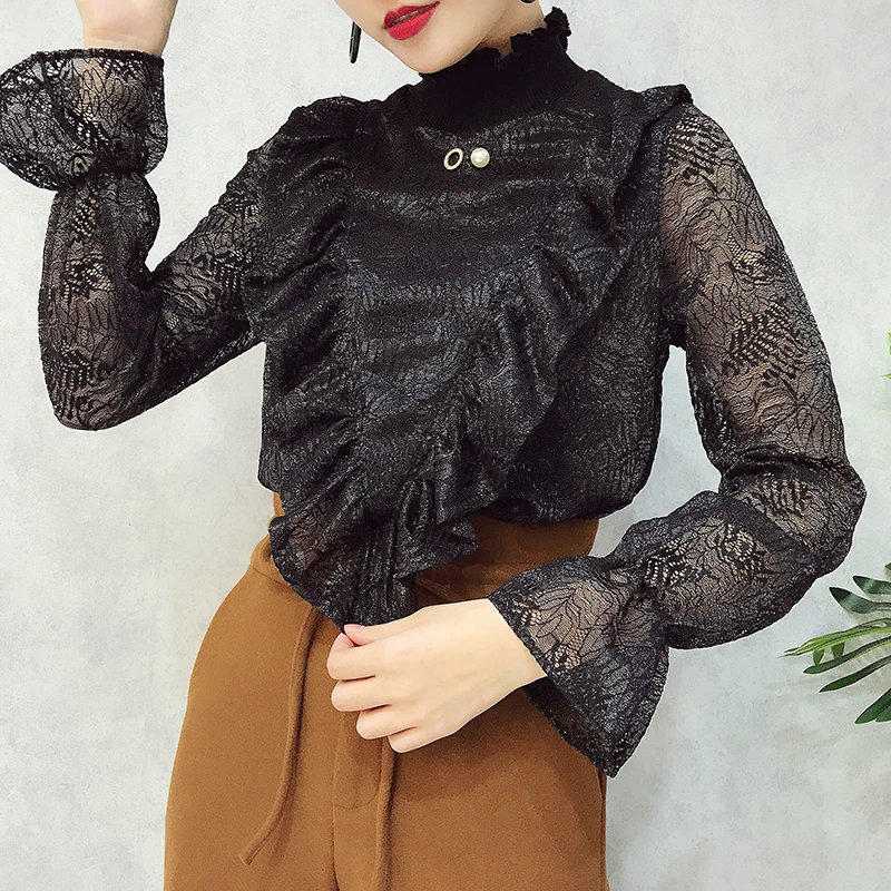ALPHALMODA V-Ruffled стоячий воротник, украшенный бисером, женские изящные футболки с вырезами на крючках, цветы, однотонные женские пуловеры, футболки