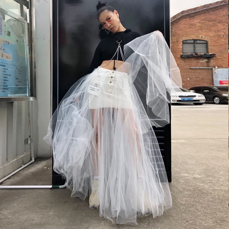 TWOTWINSTYLE сетчатые Лоскутные Джинсовые юбки для женщин, высокая талия, длина до пола, Женская Повседневная корейская мода, весна