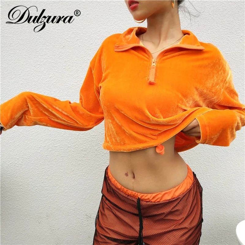 Dulzura sweatshirt women female zipper orange crop top loose hoodie style turtleneck long sleeve velvet 2018 autumn winter new | Женская