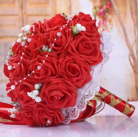 Pe Rose, женские свадебные букеты для невесты, розовые цветы, свадебный букет, Свадебный держатель, Букет пионов, аксессуары - Цвет: Красный