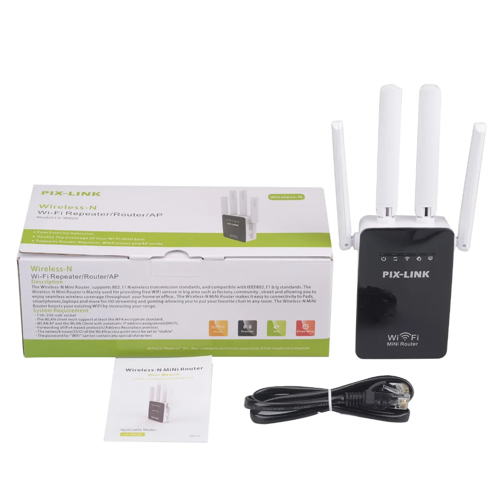 

PIXLINK 300Mbps WR09 Wireless WIFI Router WIFI Repeater Booster Extender Home Network 802.11b/g/n RJ45 2 Ports Wilreless-N Wi-fi