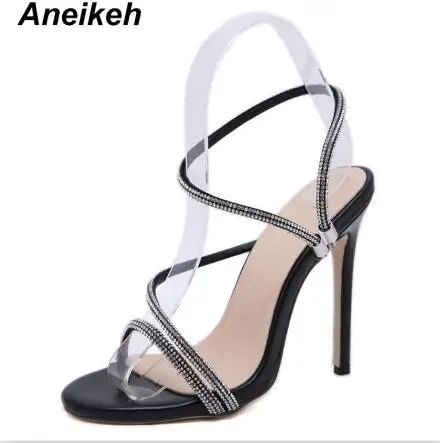 Black Aneikeh/Новинка года; сезон лето; Милые Искусственные женские сандалии с тонким ремешком и стразами; без шнуровки; круглый носок; тонкий высокий каблук; вечерние туфли черного цвета; Size35-40 - Цвет: Black
