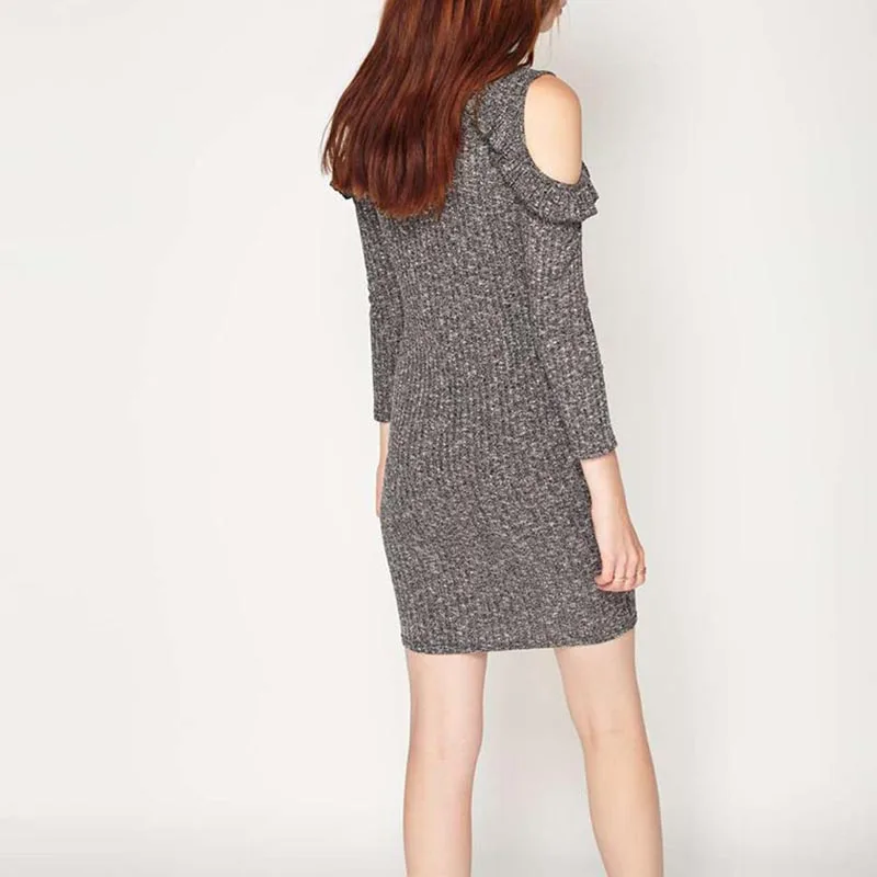 Asmax одежда однотонная серая вязаное платье тонкий Высокая Талия Cold Shoulder Dress Crew