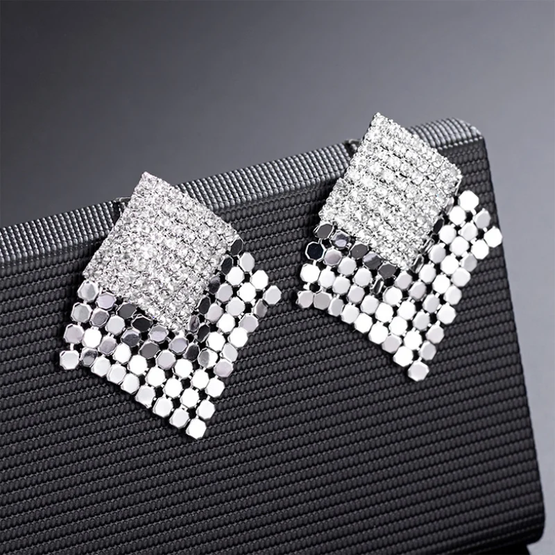 Square Rhinestone scale silver pin drop Earrings For Women Elegant Fashion Design Jewelry 1pair | Украшения и аксессуары