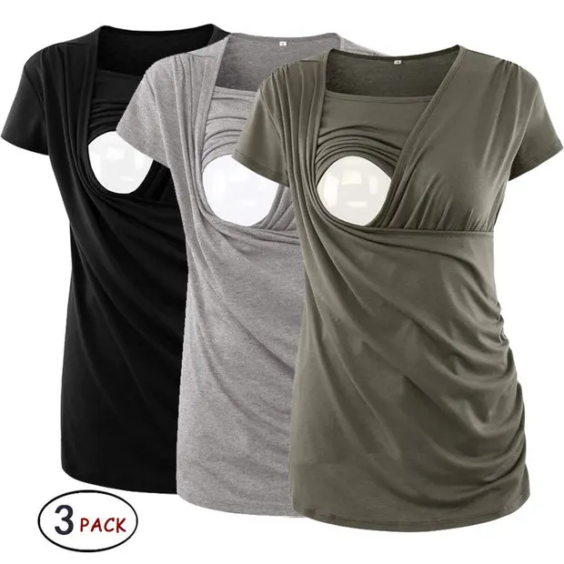 3pcs as pic Комплект из 3 предметов, топы для беременных с короткими рукавами и рюшами, Футболка для беременных, женская одежда для беременных, Футболка для беременных - Цвет: 3pcs as pic