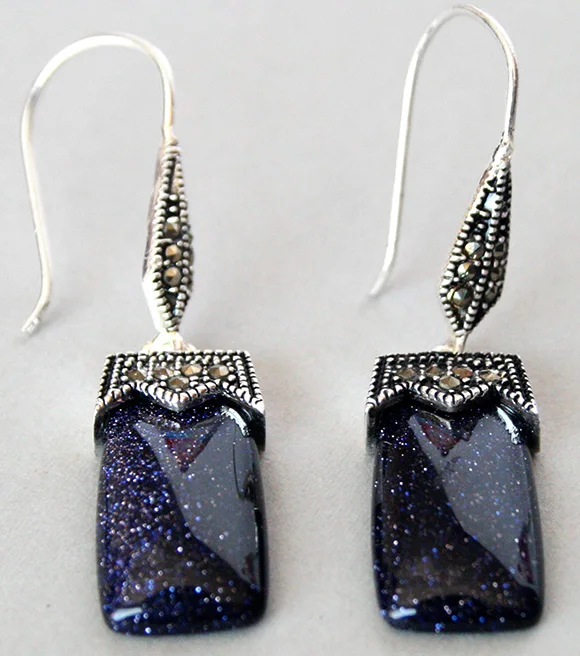 

fashion jewelry blue sand stone 925 silver & macasite earrings 2" -Bride jewelry free shipping