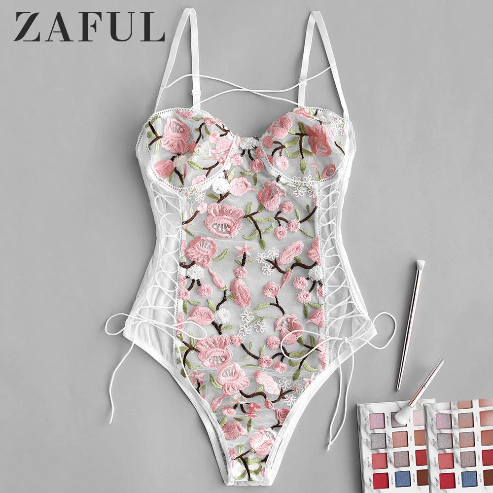 ZAFUL сексуальные женские боди с цветочной вышивкой на шнуровке комбинезон