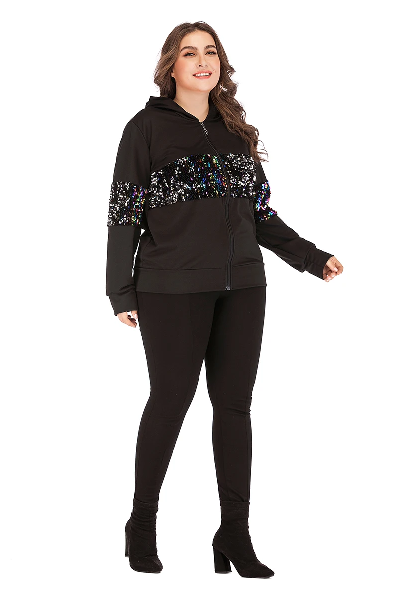 GIBSIE размера плюс 4xl 3xl черный блесток толстовки с капюшоном женские повседневные круглый вырез с длинным рукавом на молнии пальто Верхняя одежда