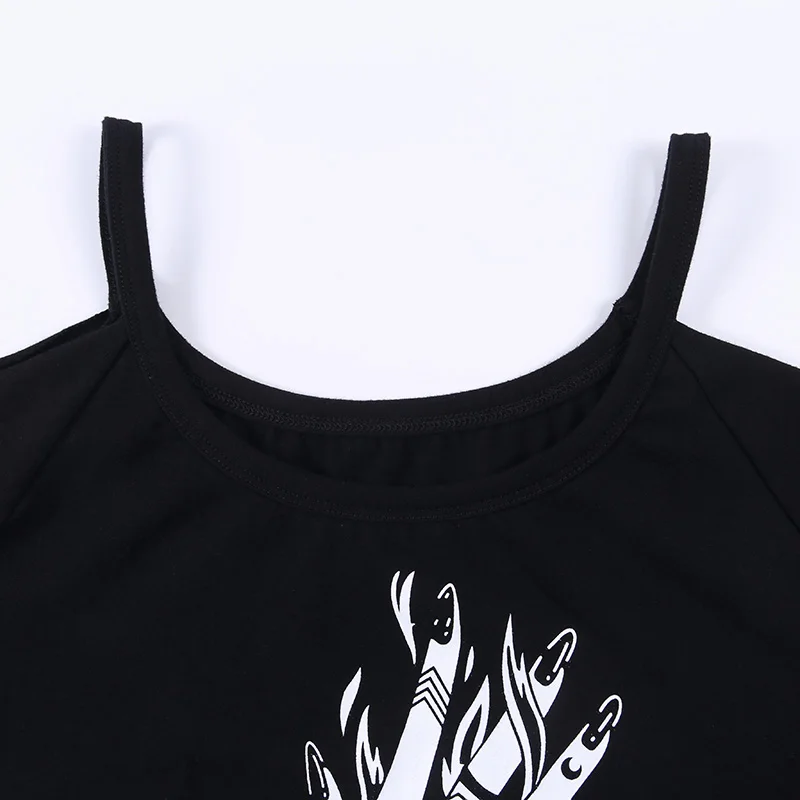 Gothic Witch Black Loose T-shirts Summer Fingers Printe Off Shoulder Punk Streetwear T-shirt Short Sleeve Harajuku Long T-shirt