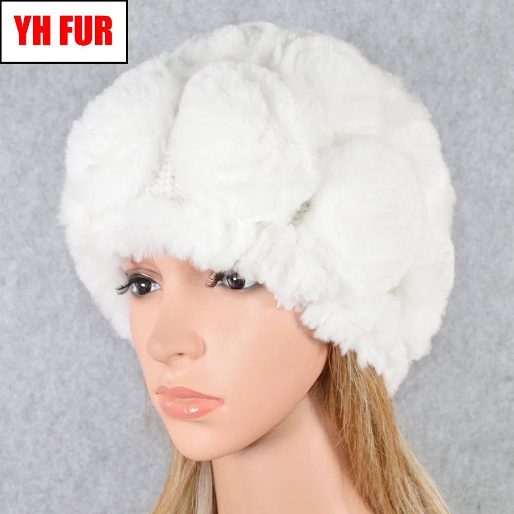 Лидер продаж зимняя женская Knitted100 % натуральный настоящий мех кролика шапки