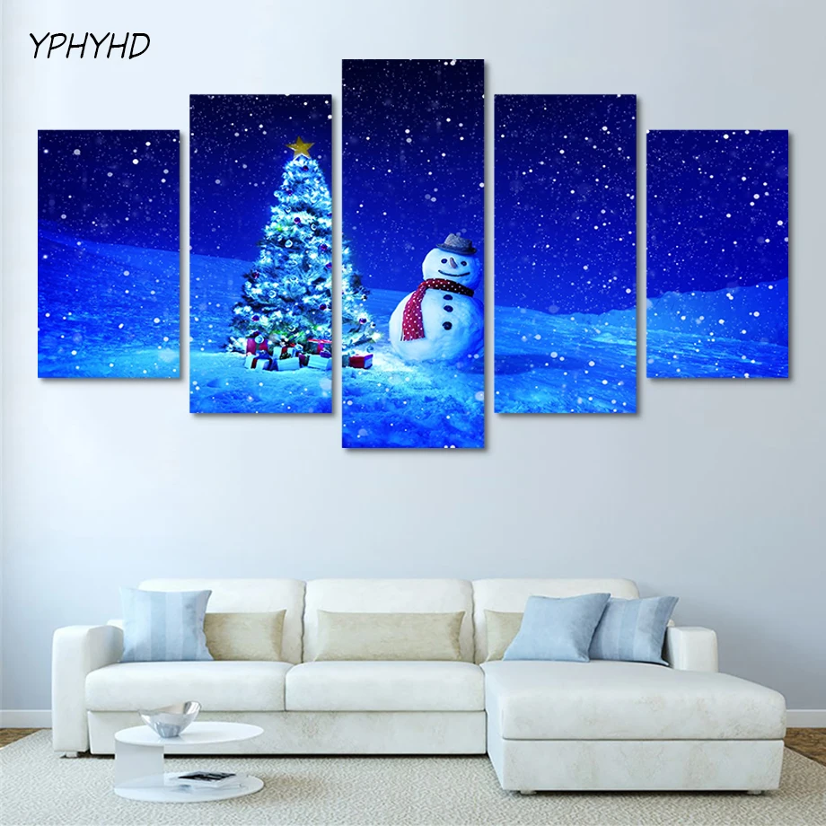YPHYHD Modern Frame Modular Wall Paintings 5 Panel Christmas Tree Landscape HD Poster Decoration Print on Canvas Home | Дом и сад