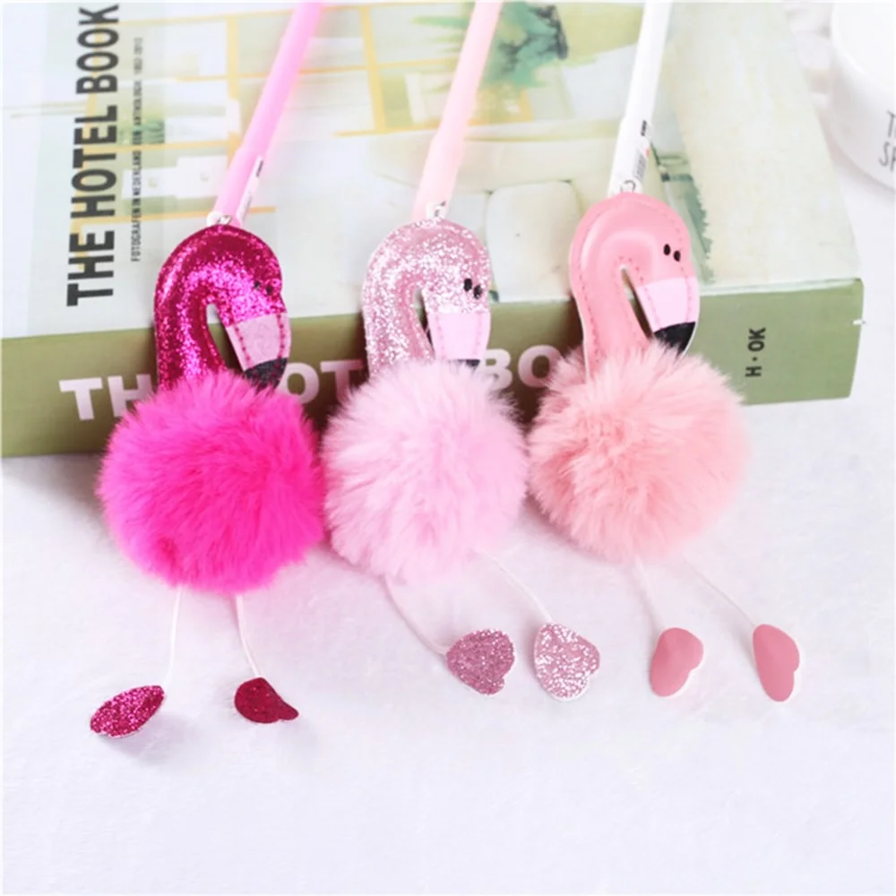 Kawaii 0.38mm Pink Flamingo Ball Plush Pendant Gel Pen Creative Neutral Pens Promotional Gift Stationery School Office Supply | Канцтовары