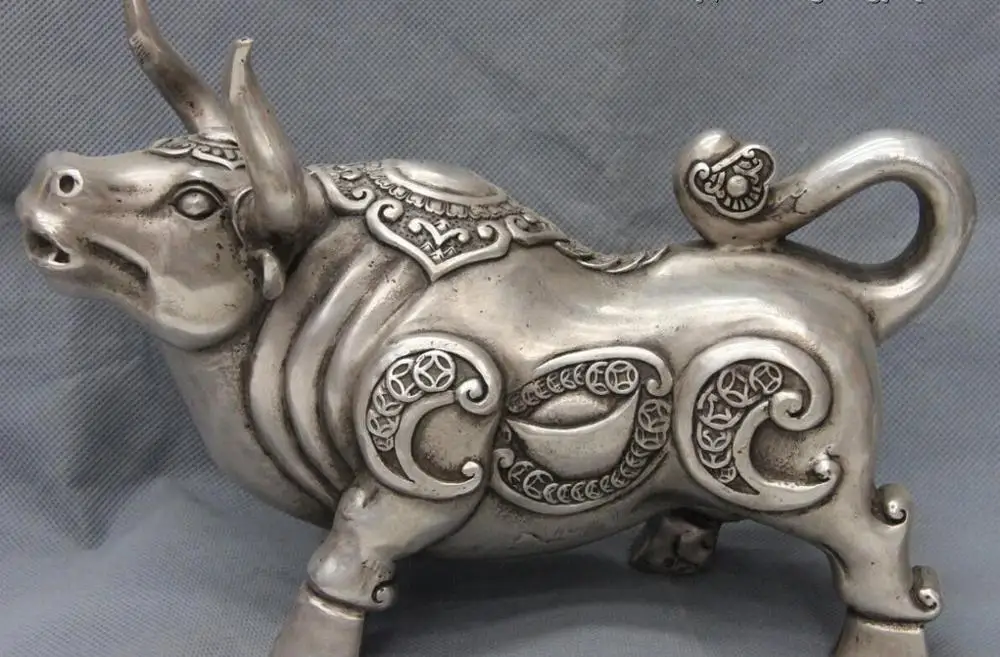 Free Shipping 15cm Chinese Copper Silver Zodiac Year Cow Cattle Bull Ox Oxen Bovine Animal Statue