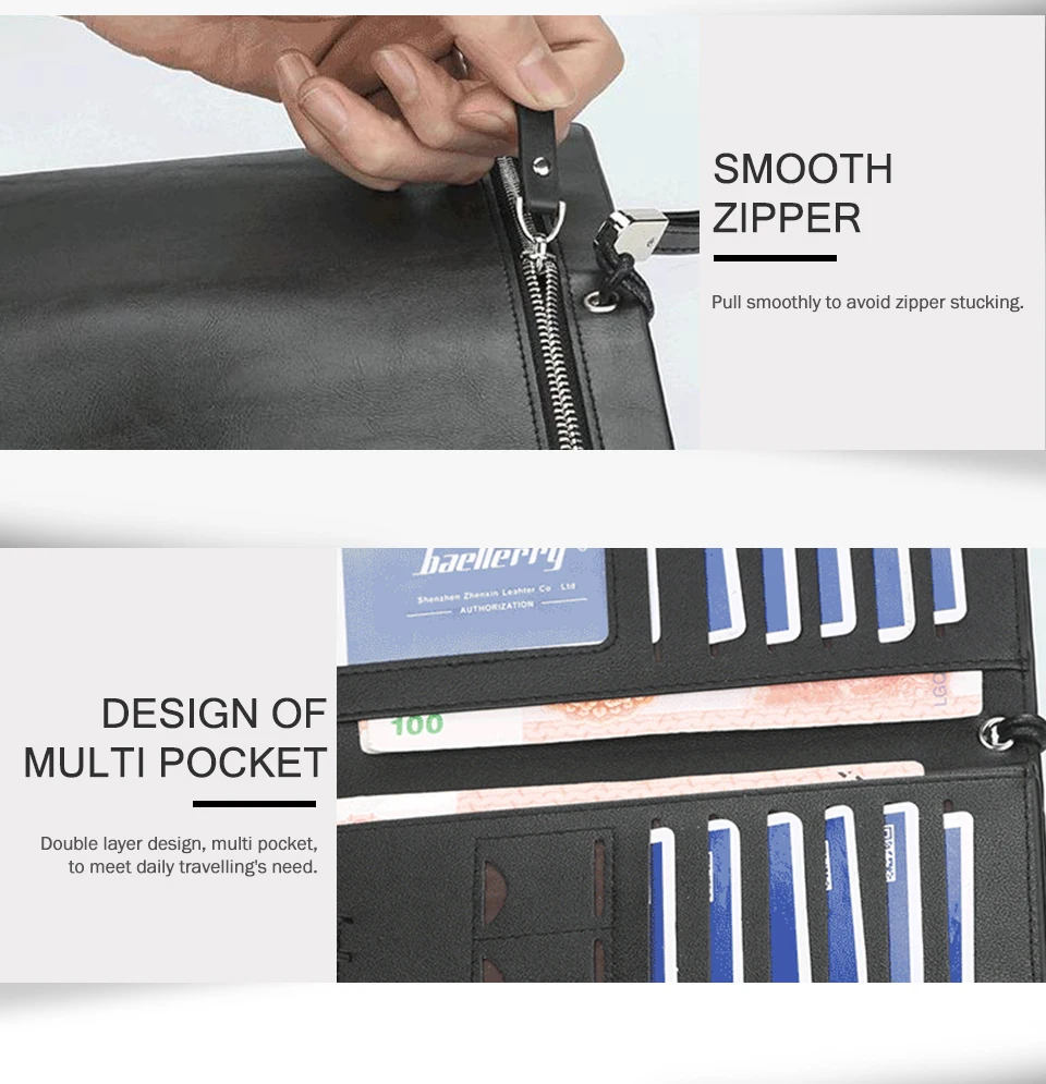 business Long wallet for Men Large Leather Male Wallets Three Layers Men purse Card Holder Money Bag Zipper Men Clutch Wallet