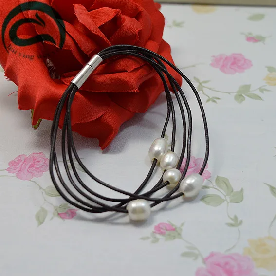 

Unique 100% Natural Freshwater Pearl Bracelet Black Leather White Freshwater Pearl Jewellery Real Pearl Gift For Girl Friend