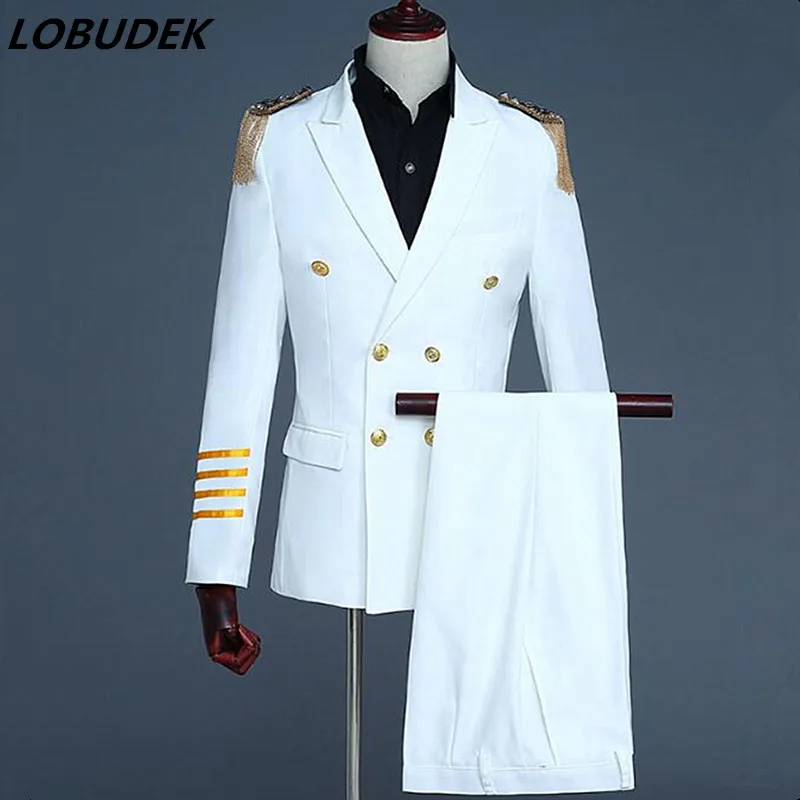 (Пиджак + брюки) темно синий белый мужской облегающий костюм свадебное платье для