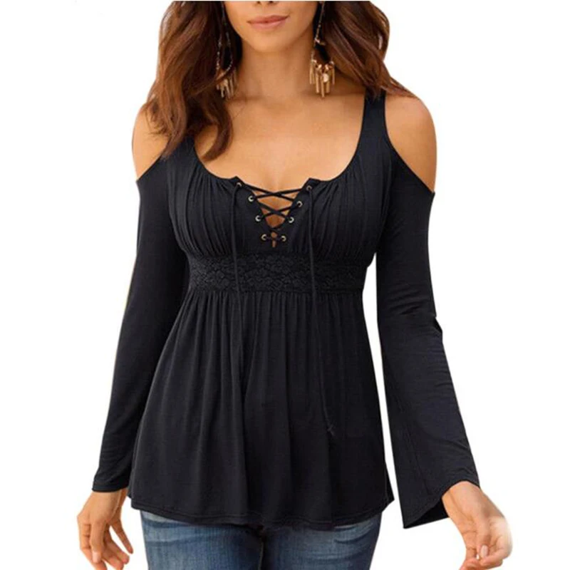 Осенняя женская блузка с длинным рукавом открытыми плечами Длинные рубашки