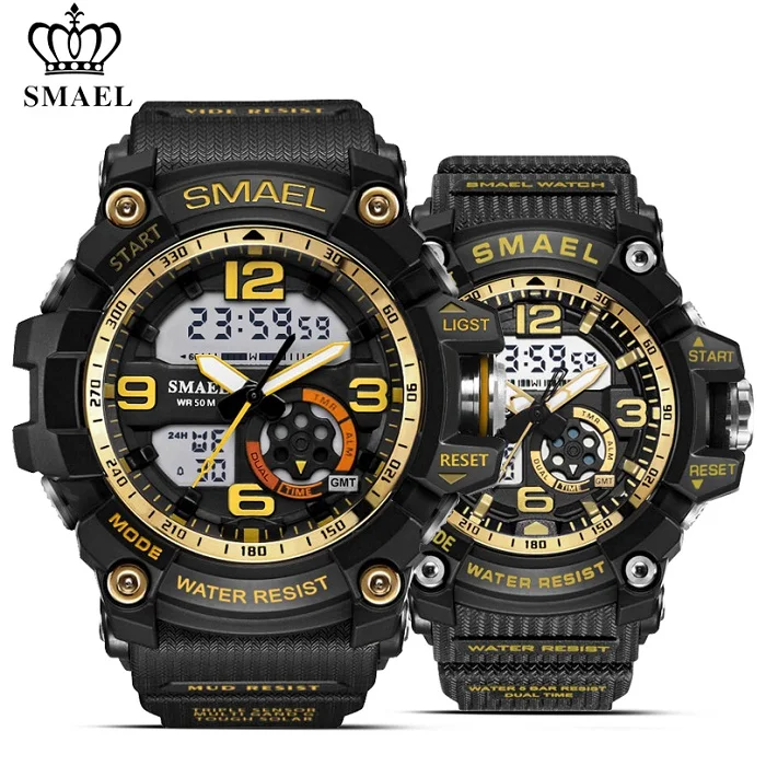 Black Gold SMAEL 2 шт./компл. Водонепроницаемый спортивные часы Для мужчин военный Часы с двойным табло Для женщин цифровые часы автоматические механические часы - Цвет: Black Gold