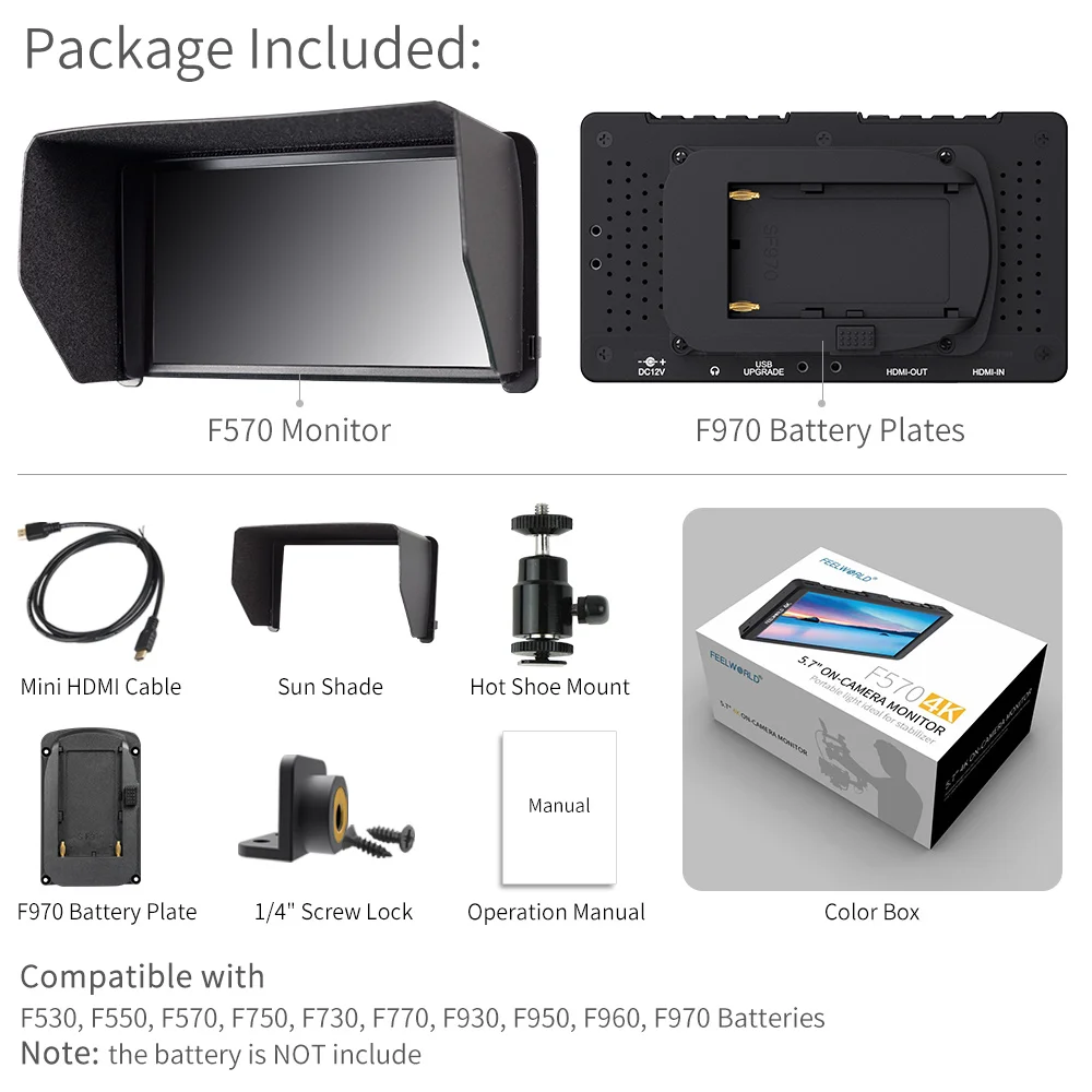 Feelworld F570 DSLR полевой монитор камеры 5," ips Full HD 1920x1080 4K HDMI видео монитор для sony Canon Nikon с сумкой - Цвет: F570Standard package