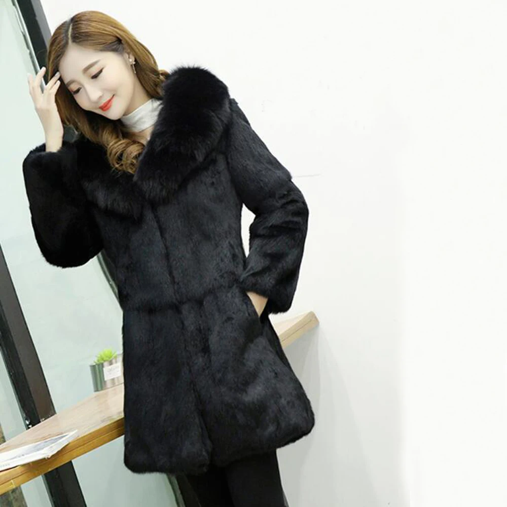 2019 Brand Fur Natural Full Pelt Rabbit Coat With Luxury Big Genuine Fox Collar Overcoat Factory Customize sr326 | Женская одежда