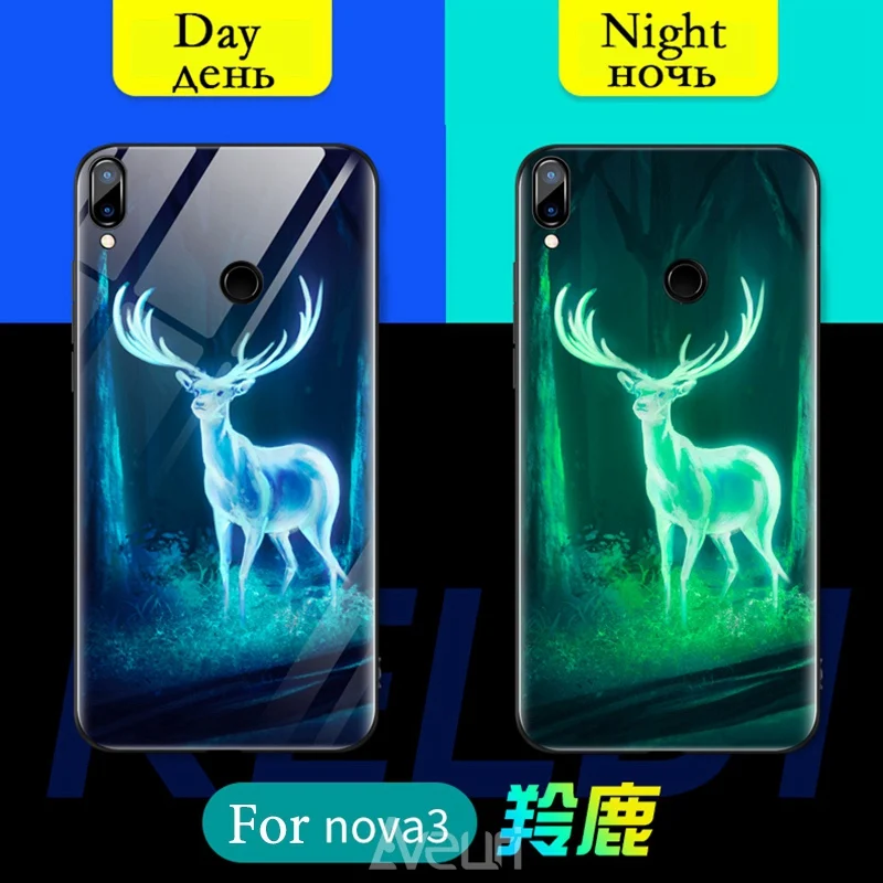 Роскошный светящийся стеклянный чехол для телефона huawei Nova 3 3i Y9 P Smart Plus, ударопрочный стеклянный чехол-накладка для huawei Honor 8C - Цвет: Reindeer