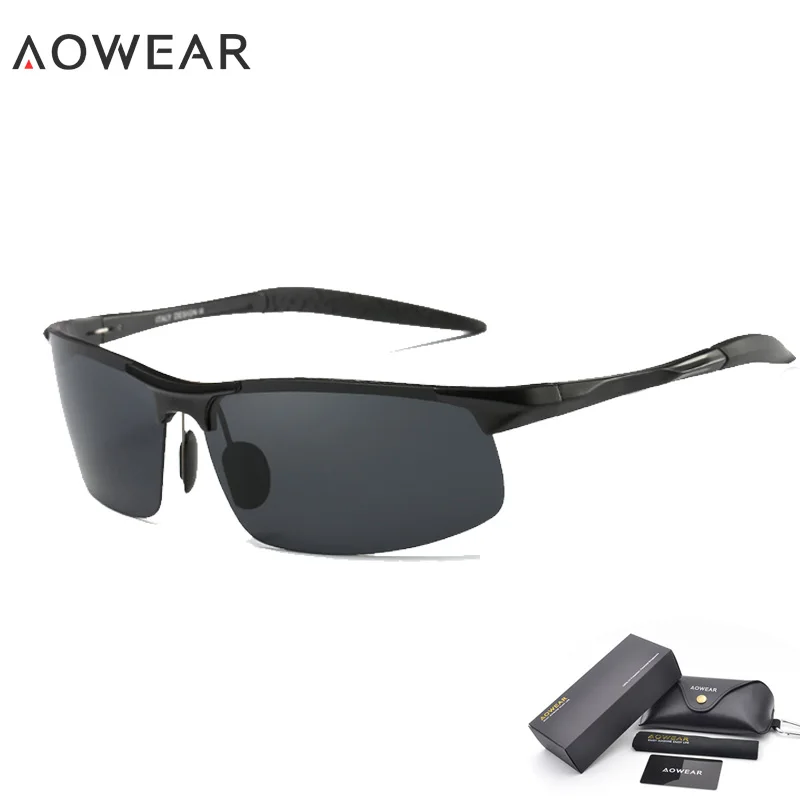 AOWEAR, настоящие, алюминий, магний, спортивные солнцезащитные очки, мужские, поляризационные, без оправы, солнцезащитные очки, мужские, очки, lunette de soleil H02 - Цвет линз: C5 Black Grey Lens