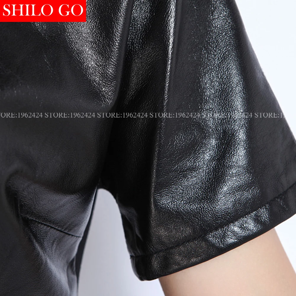Plus size autumn winter fashion new women high quality sheepskin round neck short sleeve stitching black leather dress 3XL | Женская