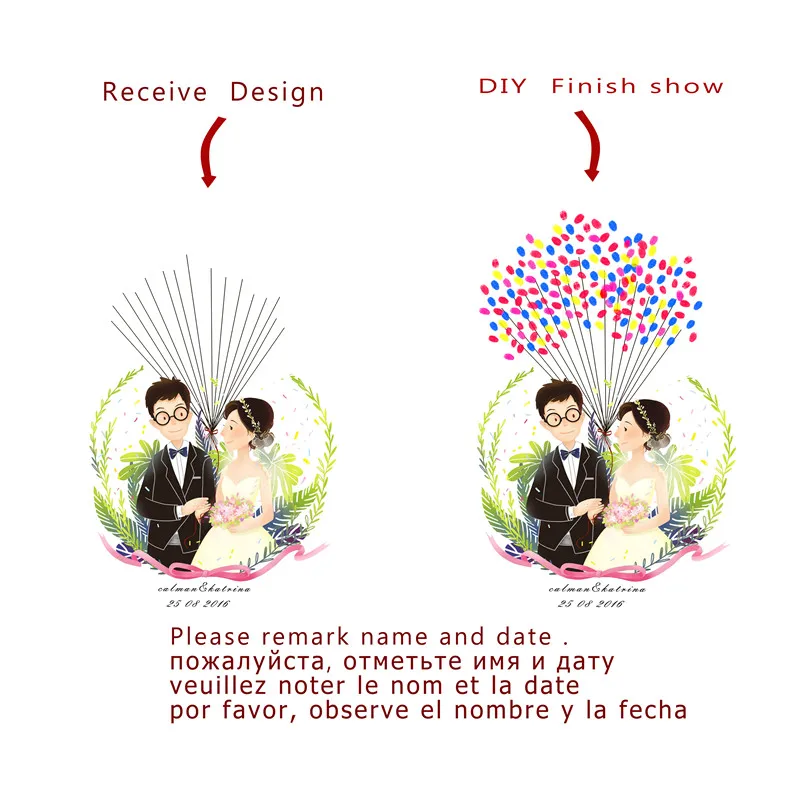 Sweet Love Theme Pink Bride And Bridegroom Figure Fingerprint Signature Canvas Painting DIY Wedding Gift Guest Book Home Decor | Дом и сад