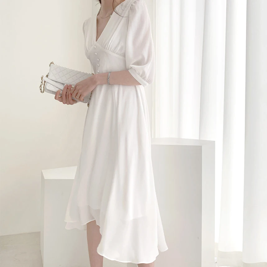 RealShe Fashion Women Dress Ladies V Neck Half Sleeve Button Solid White Dress Robe Ladies Summer Elegant Casual Long Dresses