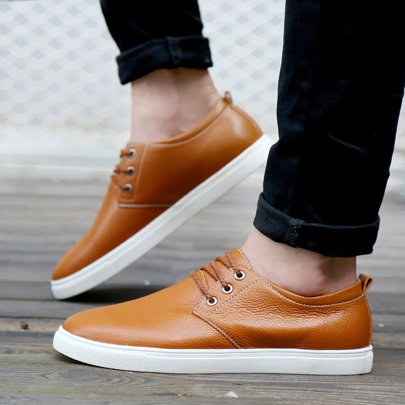 Pop Nice Korean Men Casual Shoes Spring Autumn Male Fashion Large Lace-Up Leather Flats Man Big Size Low Top Waterproof | Обувь