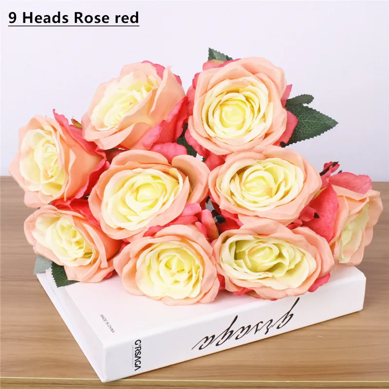 9 heads rose red Дешевые 7/9/10 глав один пучок искусственный букет роз Шелковый декоративный цветок Свадебная вечеринка Рождественский Декор цветок материалы искусственные цветы тычинки цветов декор дома - Цвет: 9 heads rose red