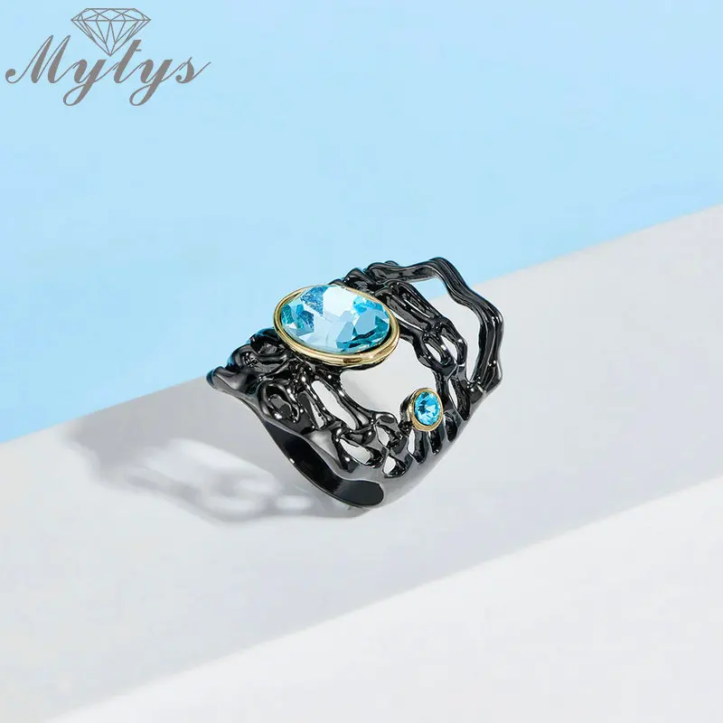 Женское кольцо Mytys черное в винтажном готическом стиле с кристаллами морского