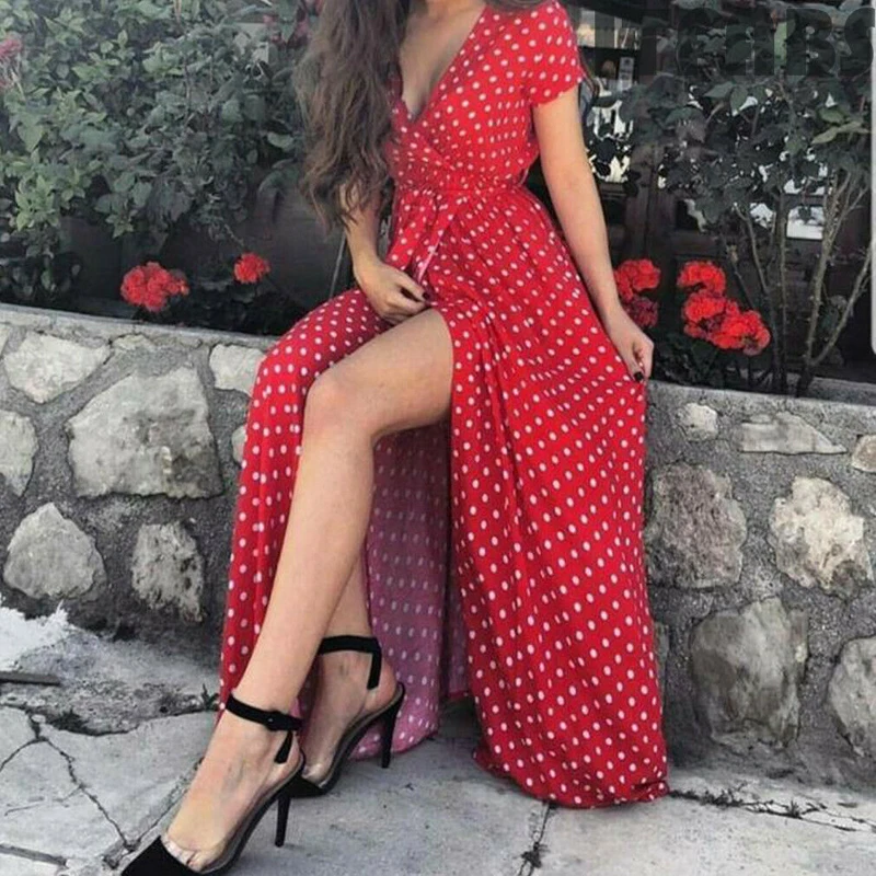 Горячая Распродажа 2019 женское летнее Сексуальное Женское Платье Макси Boho Poka-dot