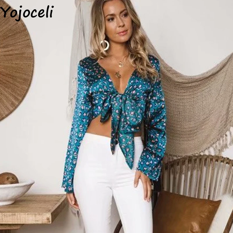 Женская атласная короткая блузка Yojoceli элегантная повседневная с бантиком и