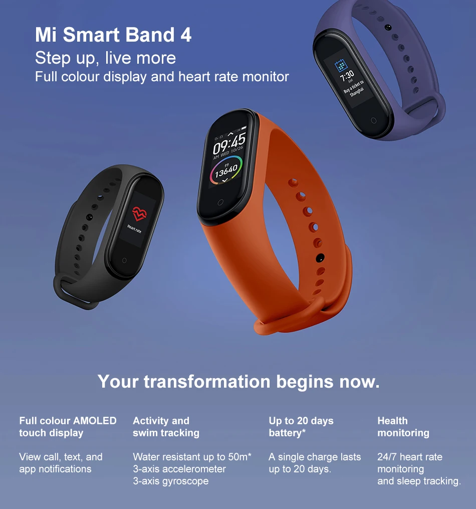 Xiaomi mi Band 4 SmartBand mi Band 4 Браслет фитнес-трекер для измерения сердечного ритма Bluetooth 5,0 50 м водонепроницаемый