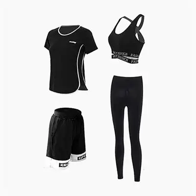 black shirt 4 pcs Набор для йоги, большой размер, для фитнеса, эластичный, качественный, женский спортивный костюм, куртка на молнии, рубашка, бюстгальтер, штаны, короткие, 5 шт., дышащие, спортивные костюмы - Цвет: black shirt 4 pcs