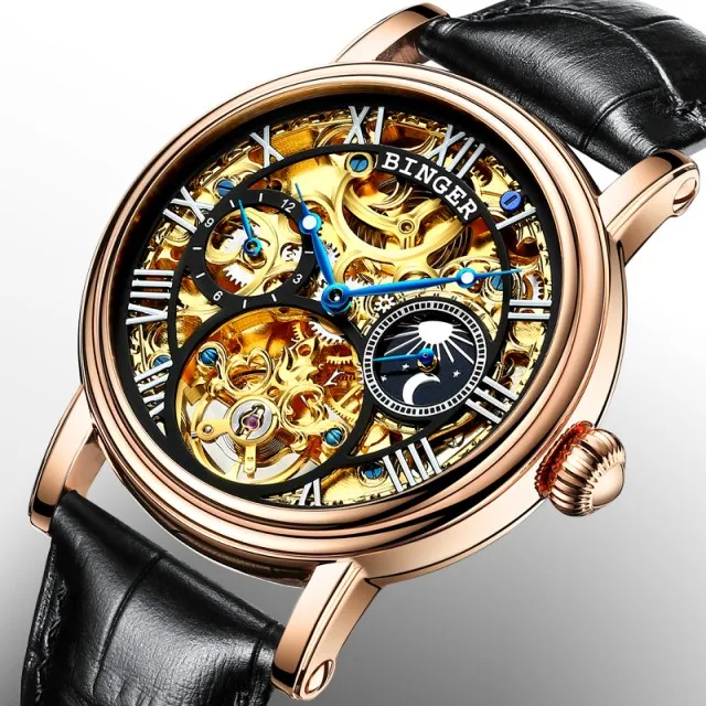 Gold Black Мужские автоматические часы с большим циферблатом, люксовый бренд, Бингер, механические часы для мужчин, турбийон, кожаный ремешок, фаза Луны, сапфир, водонепроницаемые - Цвет: Gold Black