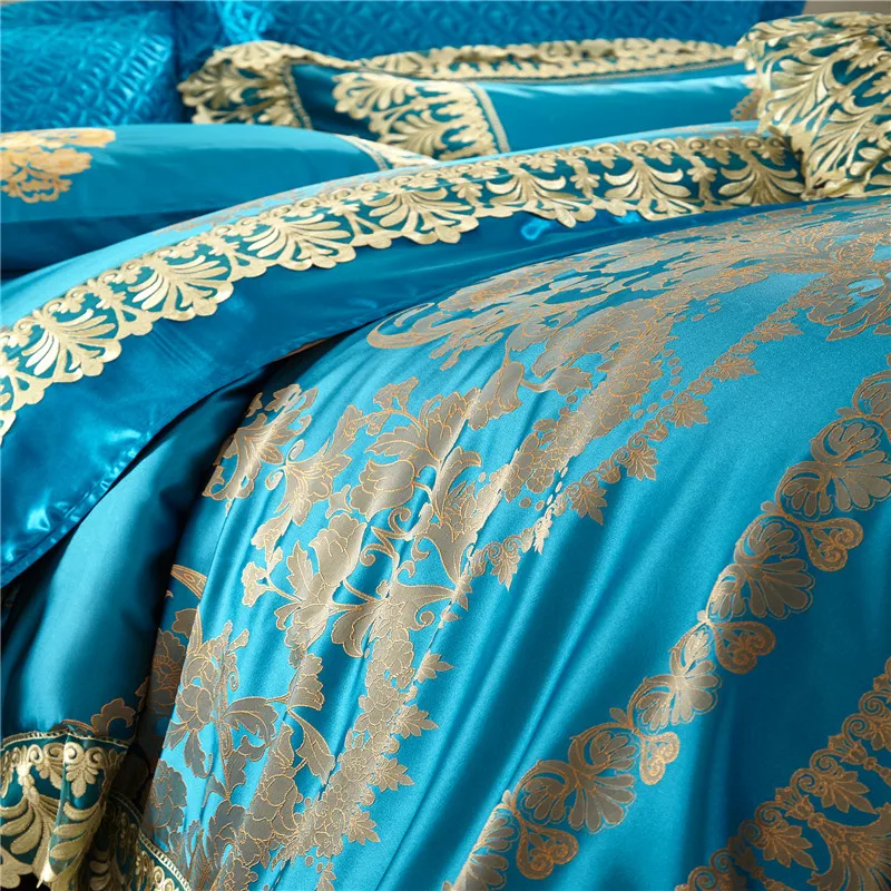 

4/6/10Pcs Lace Blue Oriental Luxury Duvet cover set Wedding Royal queen king size Bedding set Bed sheet/spread set 38