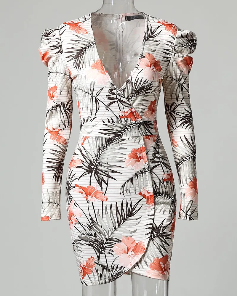 

Referral Botanical Print Long Sleeve Irregular Dress 2019 New Women Long Sleeve V-Neck Dress