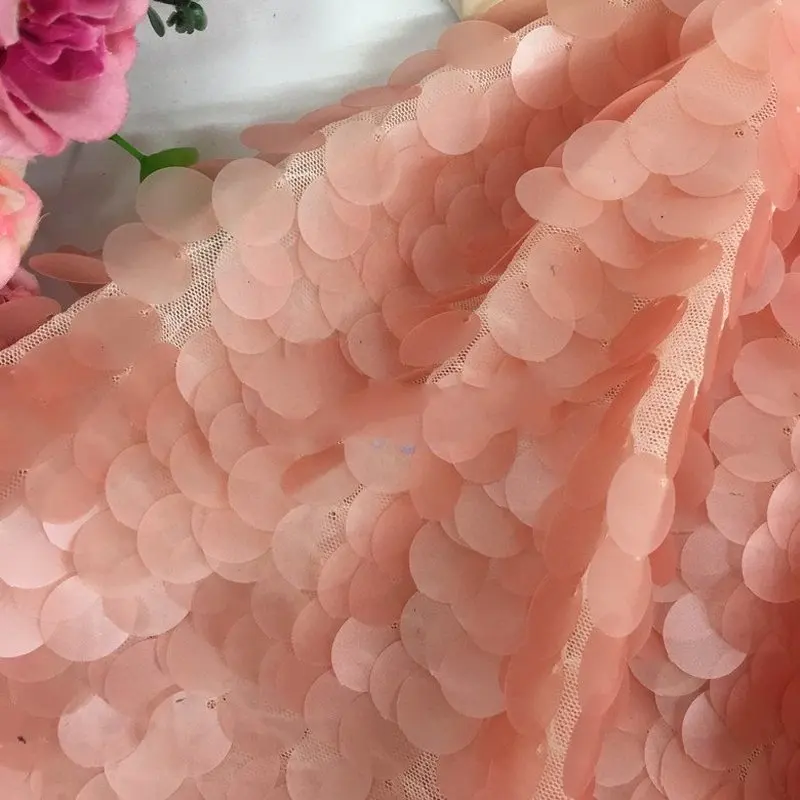 

GLace 1Y/Lot Pink fish scales sequin fabric for clothing dress performance decoration wedding mesh lace fabric TX863