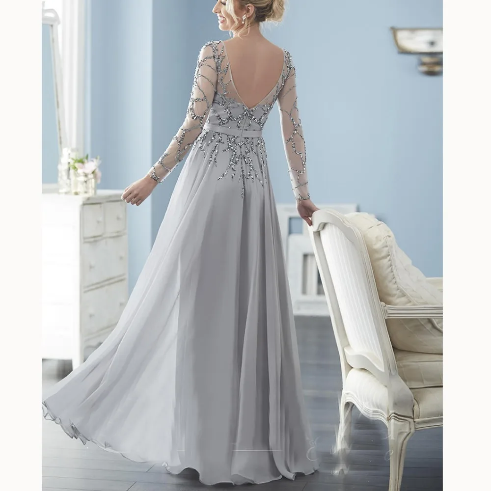 Vestido madrina boda Illusion Бисероплетение створки шифон с длинными рукавами а-силуэта шифон с бисером мать невесты платья для свадьбы
