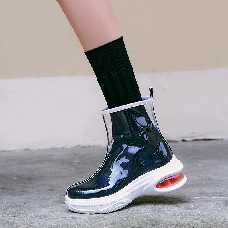 

WETKISS New PVC Women Ankle Boots Flat With Round Toe Footwear Stretch Female Sock Boot Platform Shoes Woman 2020 Winter Black