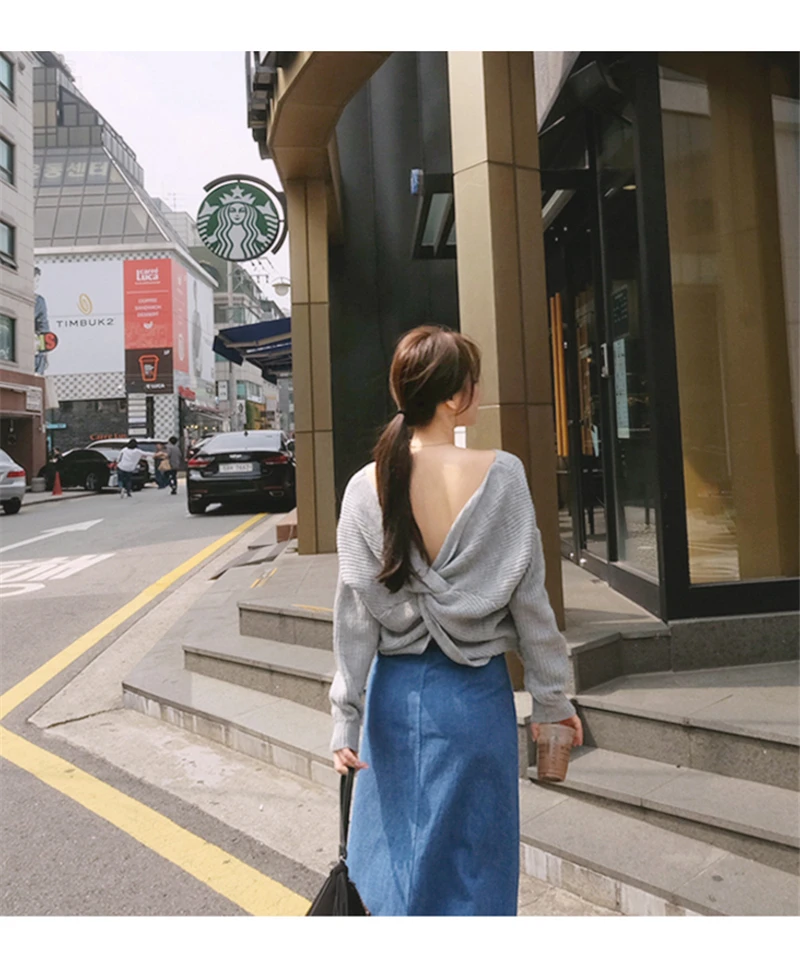 Rugod 2019 Sexy Backless Sweaters and pullovers Women Long Sleeve Jumpers Pull Femme V Neck Cross Back kimono | Женская одежда