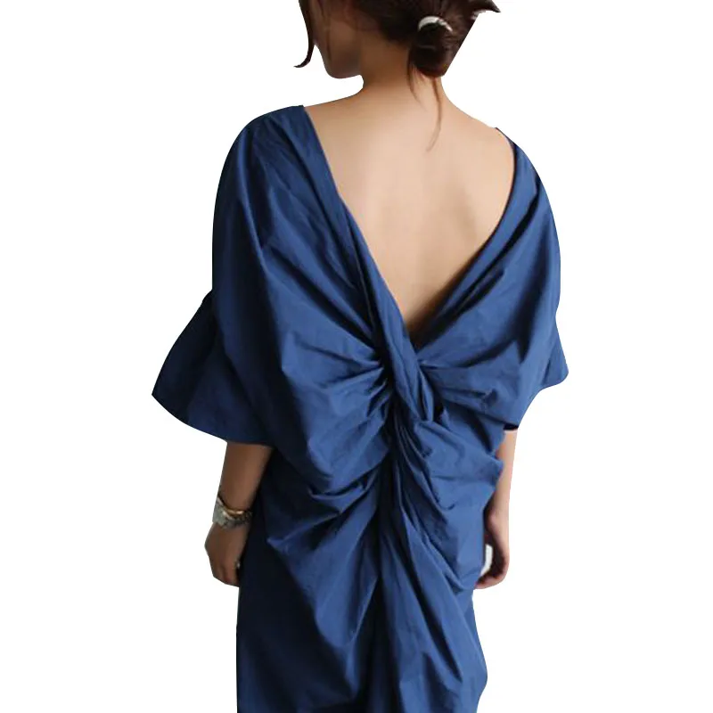 Женское платье с открытой спиной однотонное длинное средней длины в Корейском