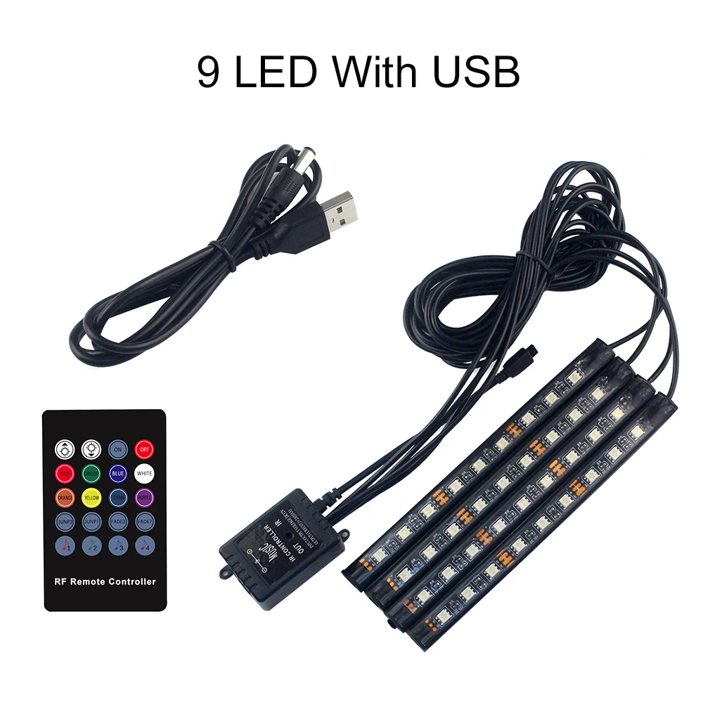 9 LED USB DXZ автомобильный-Стайлинг интерьерный атмосферное освещение полосы 9 светодиодная декоративная лампа Автоматическая RGB музыка голосовой Звук пульт дистанционного управления пол bump 12 В - Испускаемый цвет: 9 LED USB