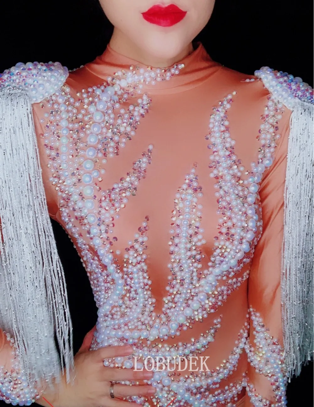 Full Rhinestone Pearl White Long Tassel Bodysuit Lady Singer Nightclub Costume Dance Team Performance Stage Wear Fringe Bodysuit